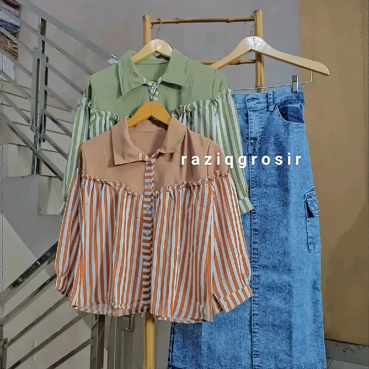 Setelan Anak Perempuan Syifa Atasan Kemeja Crincle + Rok Jeans Span Model Cargo Terbaru