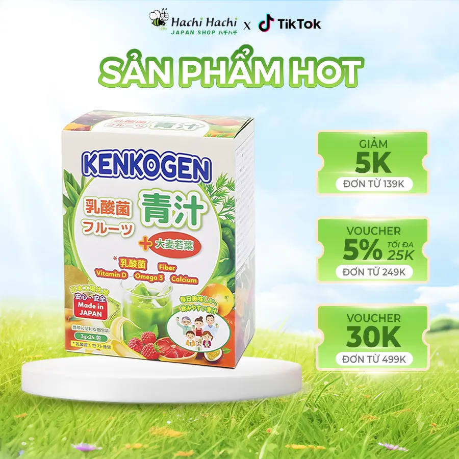 Bột mầm lúa mạch non Kenkogen trái cây lợi khuẩn, chất xơ, Omega 3, Canxi D, Vit C (Hộp 24 gói) - Hachi Hachi Japan Shop