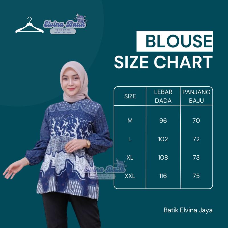 Blouse Atasan Batik Resleting Depan Lengan Panjang Pakai Karet M L XL XXL Katun Baju Wanita Motif Muslim 5