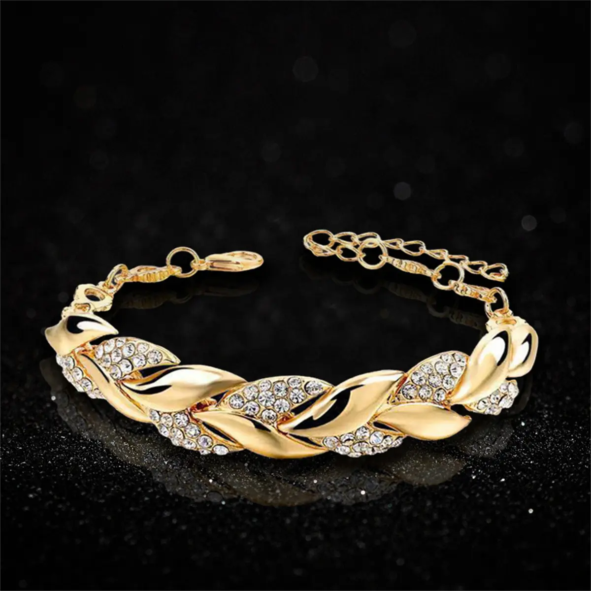 Gold silver leaf full diamond adjustable bracelet women's fashion bracelet colorfast