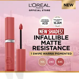 L’Oreal Paris Infallible Matte Resistance Liquid Lipstick for 16 Jam Long Lasting, Tidak Transfer, Transferproof, Tidak Kering dengan Hyaluronic Acid