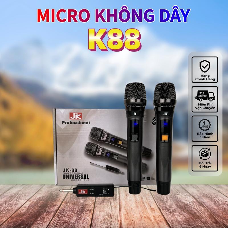 JK-K88 MICRO KHÔNG DÂY Mic Hát Karaoke Pin MICRO sài pin 2A , BỘ THU SÓNG PIN Sạc Không Dây Dùng Mọi Loa Kéo Âm Ly, Đầu Mic Bằng nhựa giả Thép Cao Cấp, Bảo Hành 12 Tháng