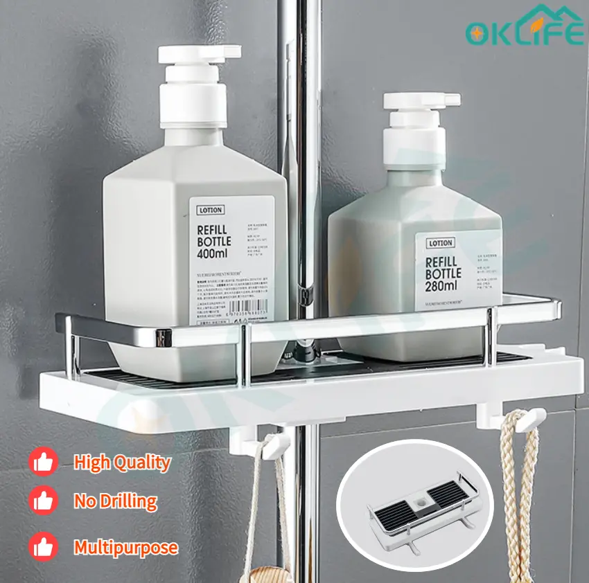 [OKLIFE. SG]Rectangle Showerhead Holder/Bathroom Organizer/Adjustable No Drilling Shower Pole Shelves Storage Rack