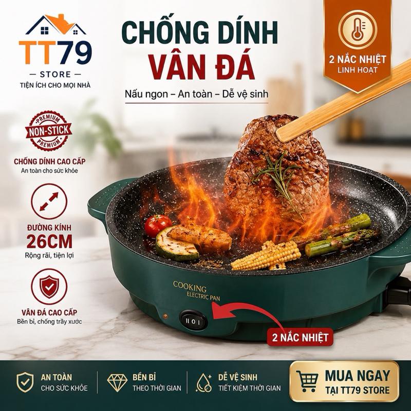 Bếp Nướng Điện 26cm, Chảo Nướng Điện Không Khói 600W Chống Dính Đa Năng BBQ Tại Nhà, Công Suất Lớn 300-600W, 2 Nấc Nhiệt, Thiết Kế Sang Trọng, Phù Hợp 2-4 Người