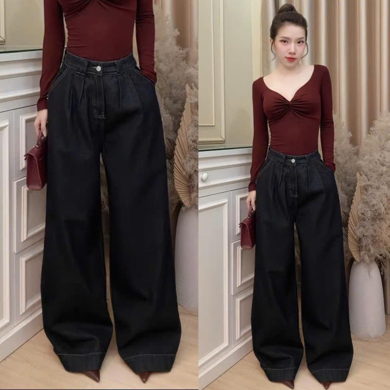 YURI JEANS - Mã20-ỐNG RỘNG Quần Jeans Nữ Xếp Ly Ống Rộng Màu Đen Xám Phối Nắp Túi
