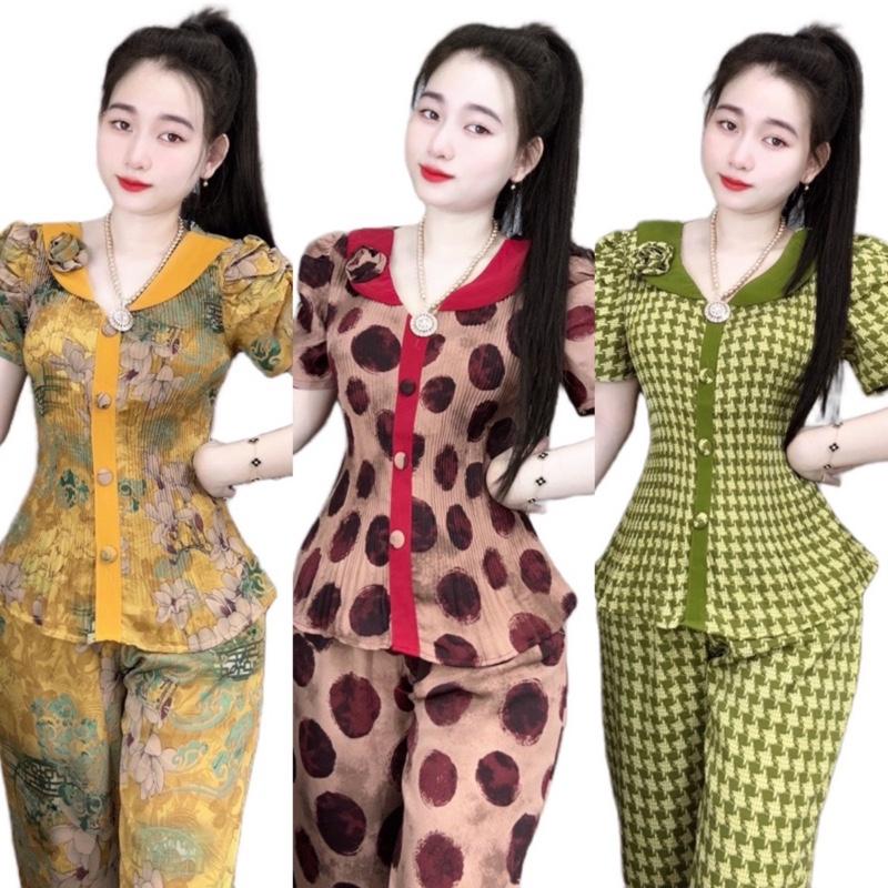 [ QUẦN DÀI ]  Đồ bộ nữ tay bồng nhúng nhẹ , CỔ SEN GẮN HOA áo dập ly lụa mịn mát nhiều họa tiết trẻ trung sang trọng  Nhung Ong