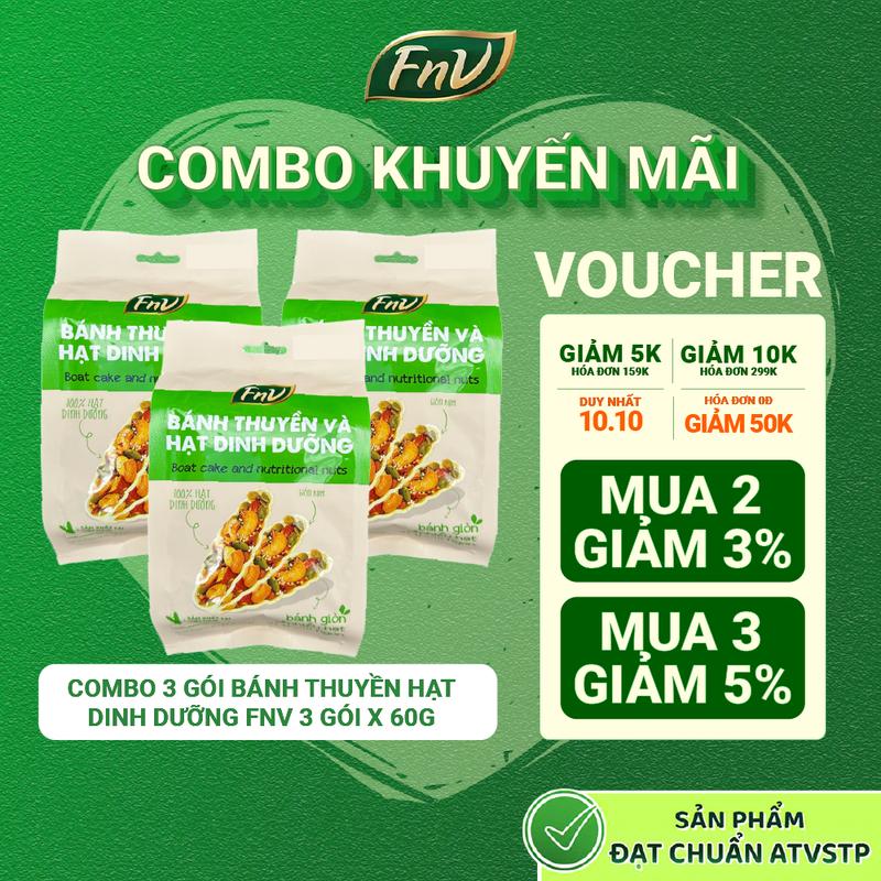 Combo 3 gói bánh thuyền hạt dinh dưỡng mix gạo lứt ăn vặt không đường FNV 3 gói x 60g