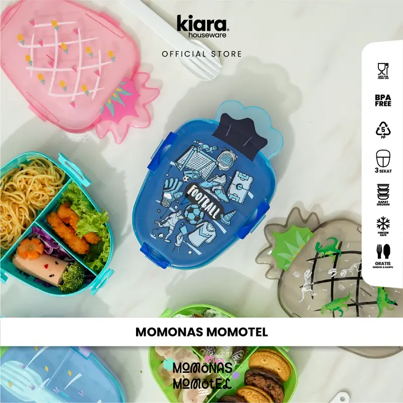 Kiara Lunch Box Momotel & Momonas Kotak Makan Kotak Bekal Anak Sekolah Karakter Lucu Gratis Sendok Garpu 100% BPA Free dan Food Grade Plastik Nanas 2
