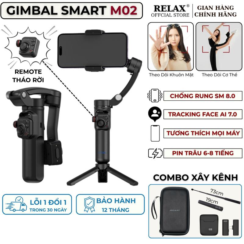 GIMBAL M02 Gimbal Chống Rung Smart M02 Tay Cầm Chống Rung Dành Cho Điện Thoại Có Remote Điều Khiển Gimbal Từ Xa Phóng To Thu Nhỏ Quay Clip Chụp Ảnh Theo Vật Thể Pin Trâu Cực Khỏe Full Phụ Kiện