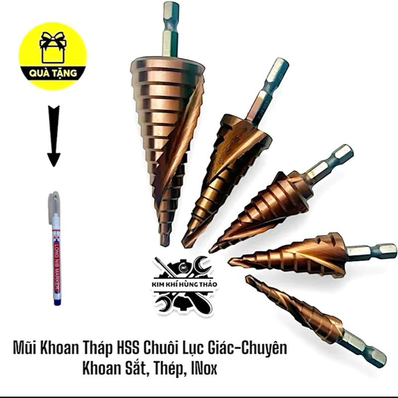Mũi Khoan Tháp HSS Chuôi Lục Giác-Chuyên khoan Sắt Thép INox -kích thước 4- 12mm 4-20mm,4-22mm và 4-32mm. Tặng 1 bút lấy dấu ngòi dài mầu ngẫu nhiên