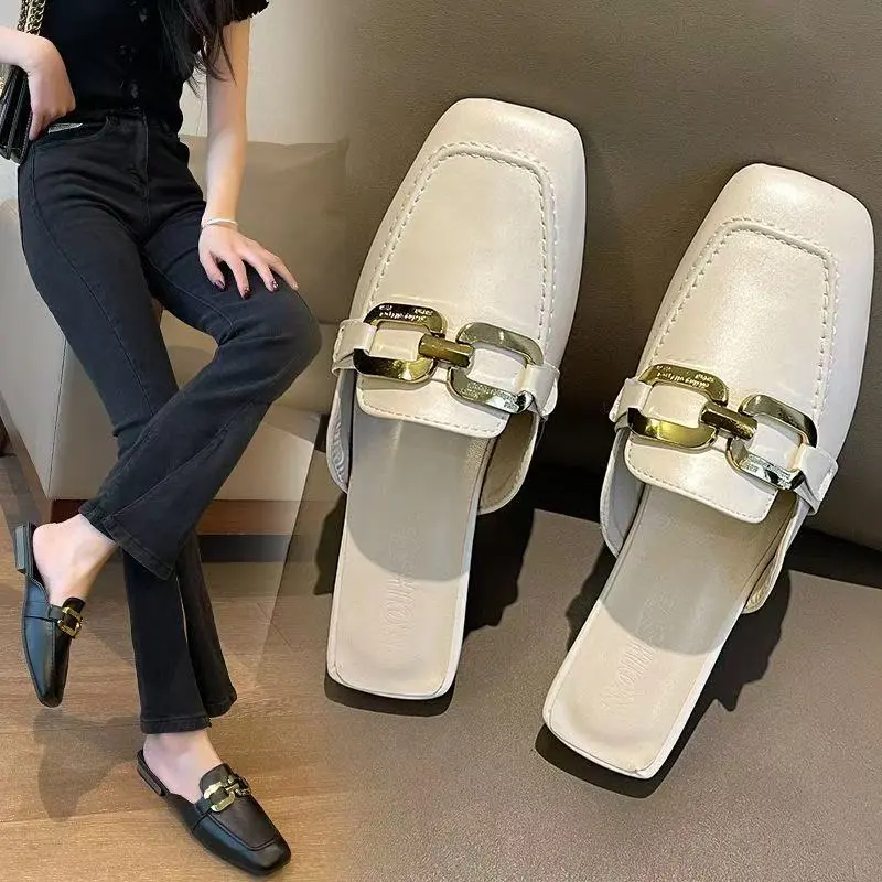 Dép Nửa Ngón Chân Túi, Phong Cách Hàn Quốc, Giày Nữ, Màu Trắng Kem, Mũi Vuông Kiểu Pháp, Giày Muller, Lười, Gót Chunky, Dép Xích Ngoài Trời 0