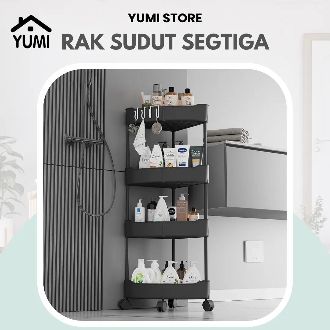 Factory Outlet YUMI Store Rak Sudut Segitiga Kamar Mandi / Rak Multifungsi Sudut / Rak Sudut Kamar Mandi 2 3 4 Susun Dengan Roda Hitam