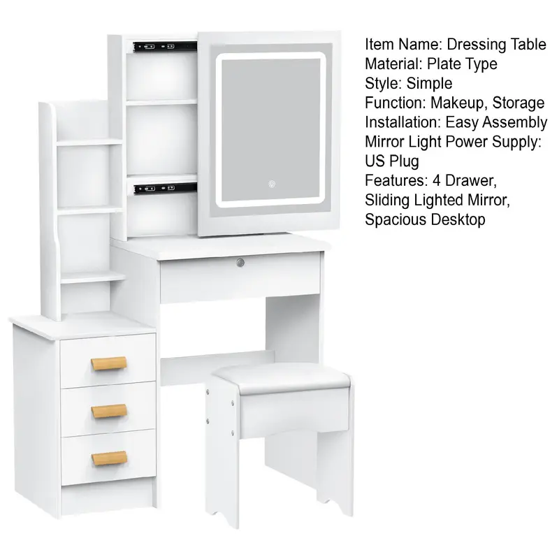 Vanity Desk with Sliding Mirror and Lights, Bedroom Dressing Table, Makeup Table with Drawers & Shelves, Hidden Storage Space 8