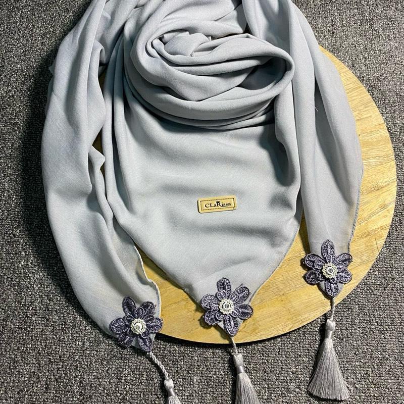 segi empat sarah bunga tasel bahan voal model terbaru Kerudung Nyaman Lembut Muslim Square 4
