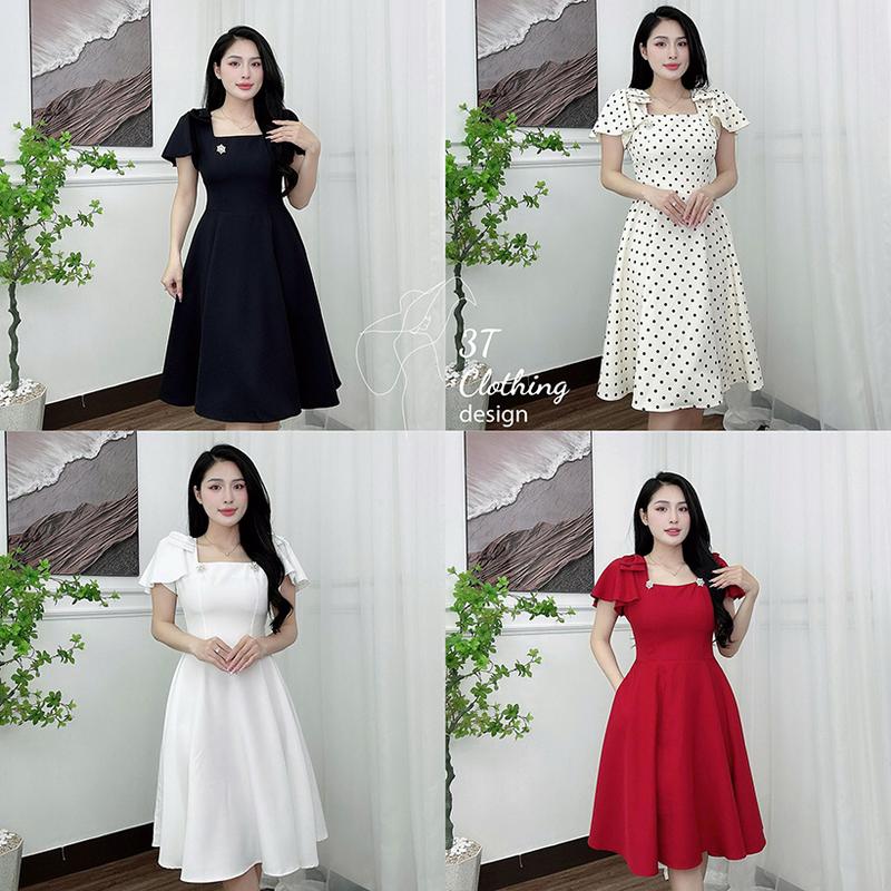 Đầm váy nữ thiết kế cổ vuông tay nơ đính liền tặng 2 ghim cài đá Dáng váy chữ A có dây kéo đi tiệc Bigsize 40-80KG B51