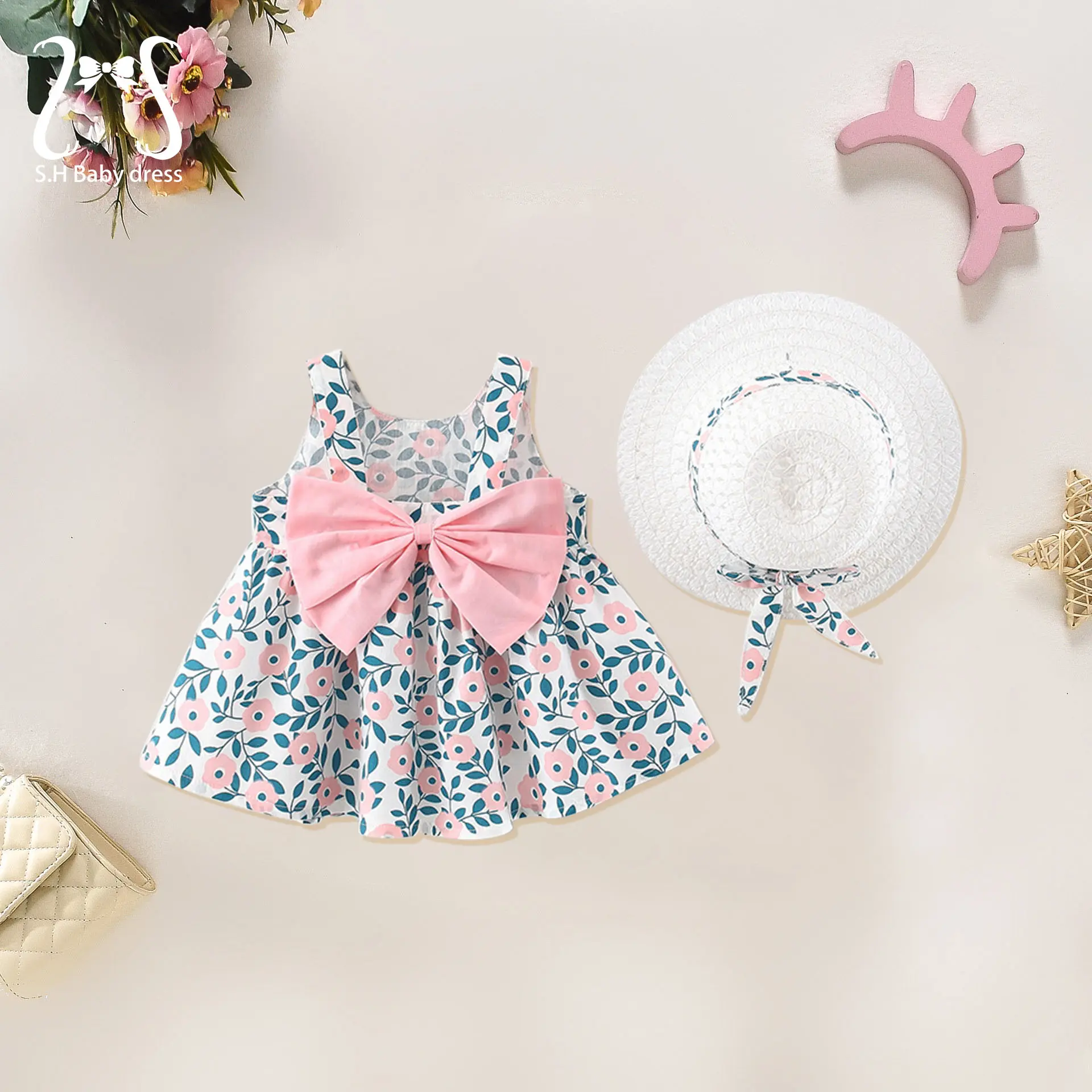 2Pcs/Set Sweet Flowers Kids Costume Baby Girl Summer Thin Breathable Newborn Bow Beach Dresses Toddler Fashion Children Clothes