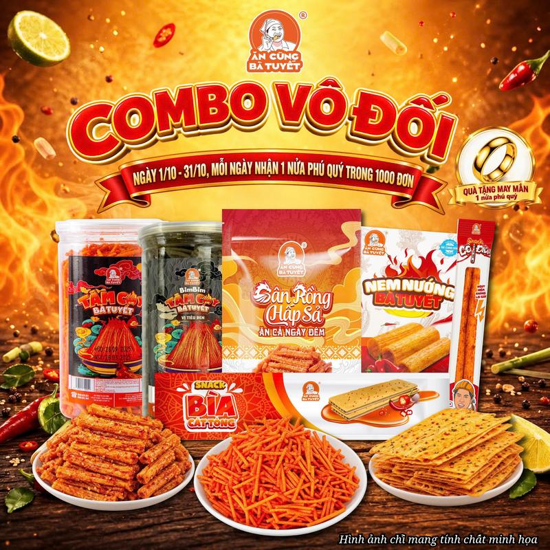 (NGÀY 1/10 - 31/10, MỖI NGÀY NHẬN 1 NỬA PHÚ QUÝ TRONG 1000 ĐƠN)Combo VÔ ĐỐI gồm: 2 hũ snack tăm cay đỏ đen + 6 nem + 3 cột điện + 3 bìa cát tông + 1 gân rồng  - ĂN CÙNG BÀ TUYẾT M15