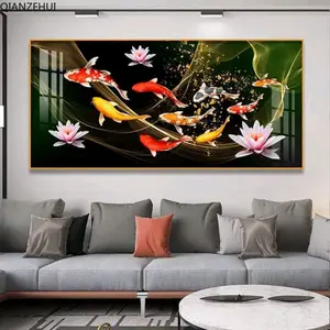lukisan dinding ikan koi feng shui hiasan dinding aesthetic modern Kayu Frame