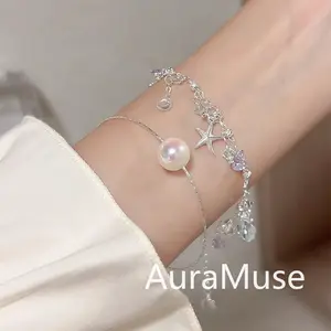 [AuraMuse] gelang perak bintang laut kristal mutiara wanita aksesoris tangan rantai logam sederhana elegan A293