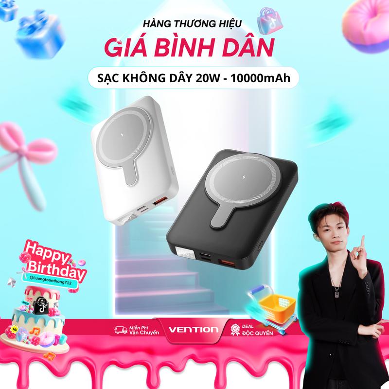    VENTION x Luongtoanthang712   Pin Sạc Dự Phòng Vention 10000mAh 20W Siêu Nhanh 2 Cổng Type-C USB-C Sạc Không Dây & Có Dây Thiết Kế Gọn Nhẹ Chống Trầy Xước Hàng Chính Hãng 