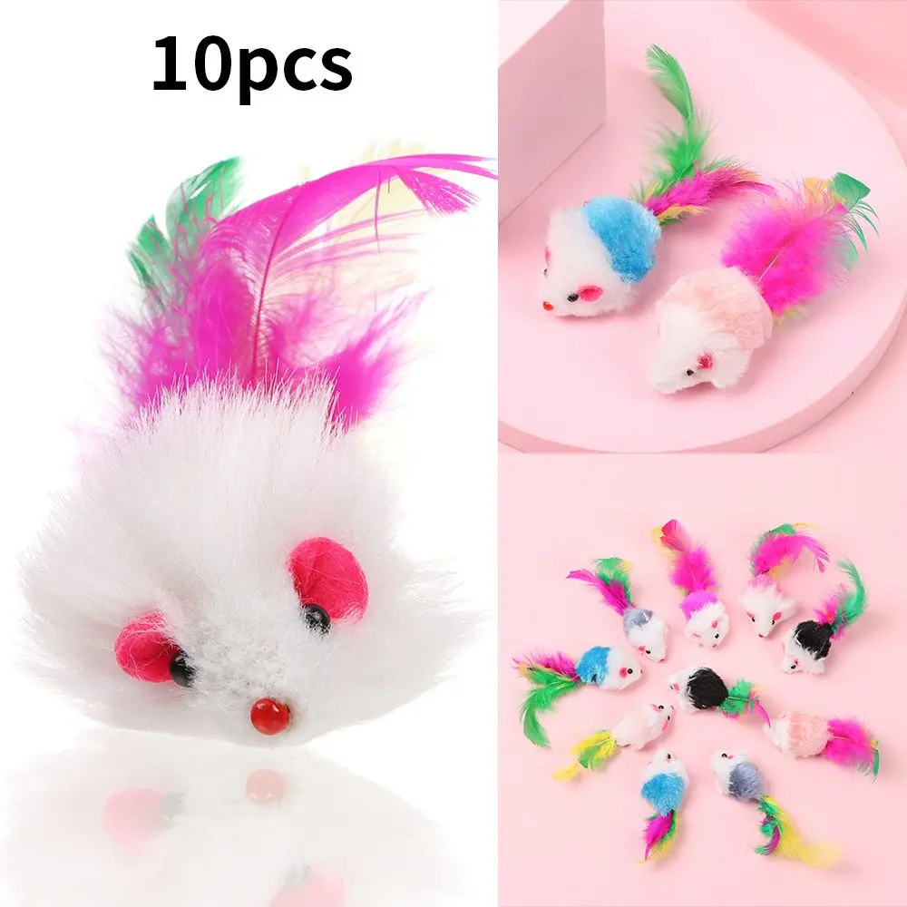 10Pcs Assorted Color Catnip Feather Tail Mice Rattle Set Kittens Cat Mouse Toys Interactive Cat Toy