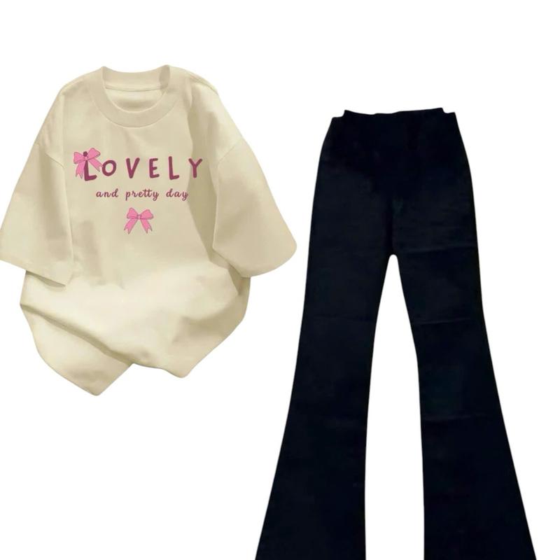 [S/ M/L/XL ] Set bộ nữ áo phông form rộng các mẫu +Quần dài ống loe chất umi hack dáng mặc bốn mùa top 2025 Women