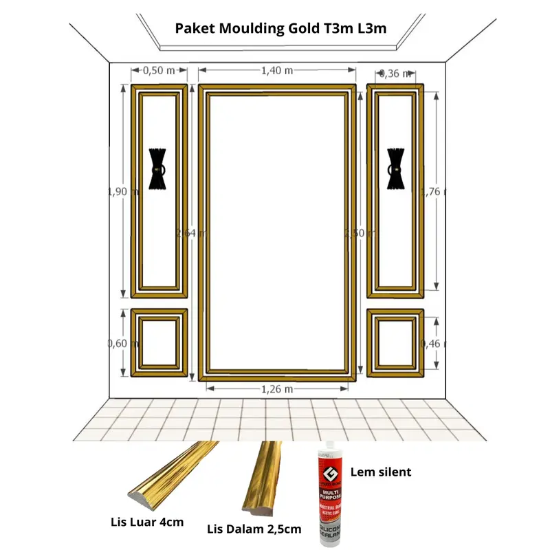Paket WallMolding Gold Modern Mewah Style Ukuran L 3m-4m - Dinding Pvc Kamar 0