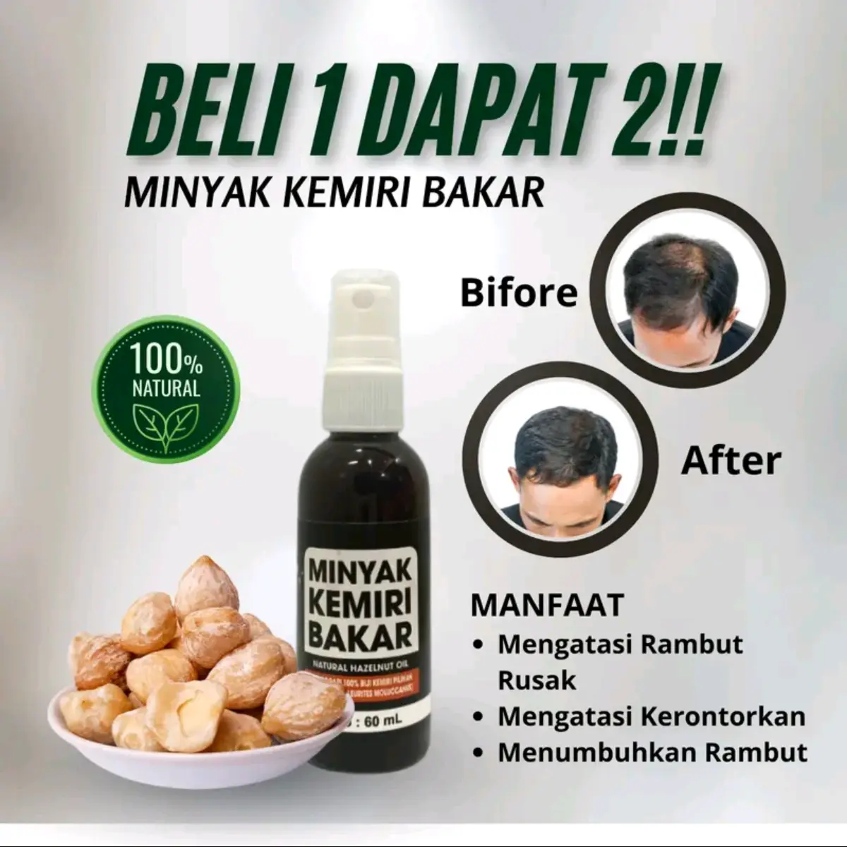 Minyak Kemiri Bakar PROMO SPESIAL BUY 1 GET 2 untuk Perawatan Rambut Ketombe Haircare Penebal Melebatkan Menyehatkan Kulit Kepala