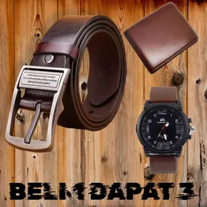 NEW PROMO BEST sabuk kulit asli 2 lapisan BUY 1 GET 3 FREE DOMPET DAN JAM TANGAN termurah ikat Pinggang pria kulit kepala BESI SESUAI FOTO