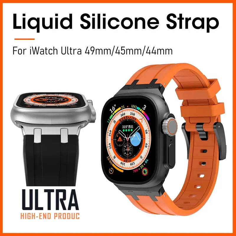 Dây đeo cao su silicon lỏng thể thao, cho iWatch Ultra 49mm, 45mm, 44mm, 41mm và 40mm, dây đeo đồng hồ với Bộ Chuyển Đổi bằng thép không gỉ, cho iWatch Dòng 8, 7, 6, 5, 4, SE2, dây đeo thay thế bền, với hộp gói 2