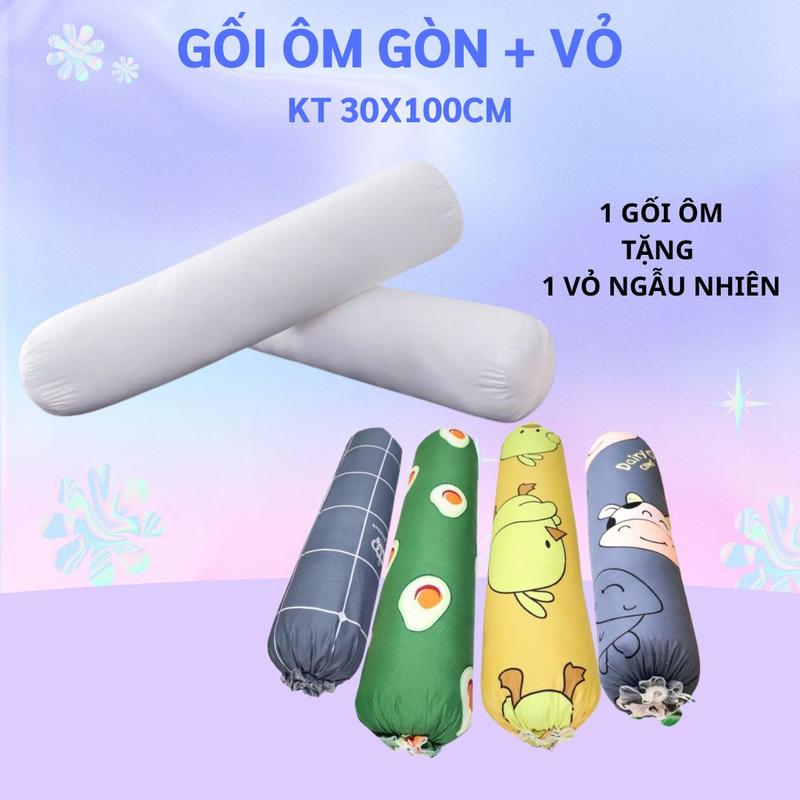  Gối ôm gòn 30x100cm êm ái - 2 Gối nằm gòn ép hơi size 40x60cm tặng kèm áo gối 