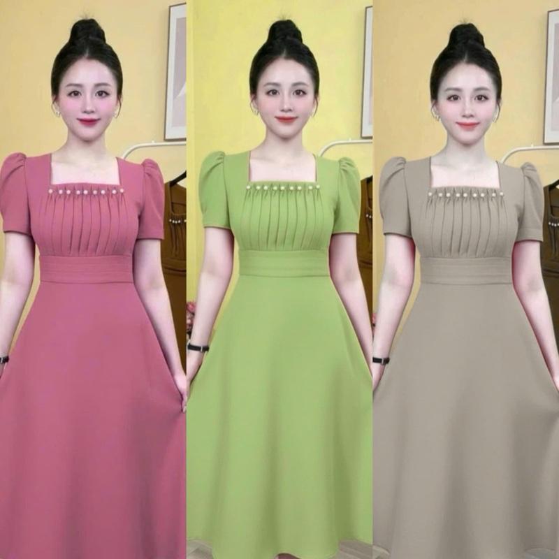  Có Bigsize Đầm Váy Nữ Dáng Dài Cổ Vuông Xếp Ly Ngực Đính Cườm Đi Tiệc Size 40-72kg Chất Cotton Lạnh Size M L XL XXL A18 