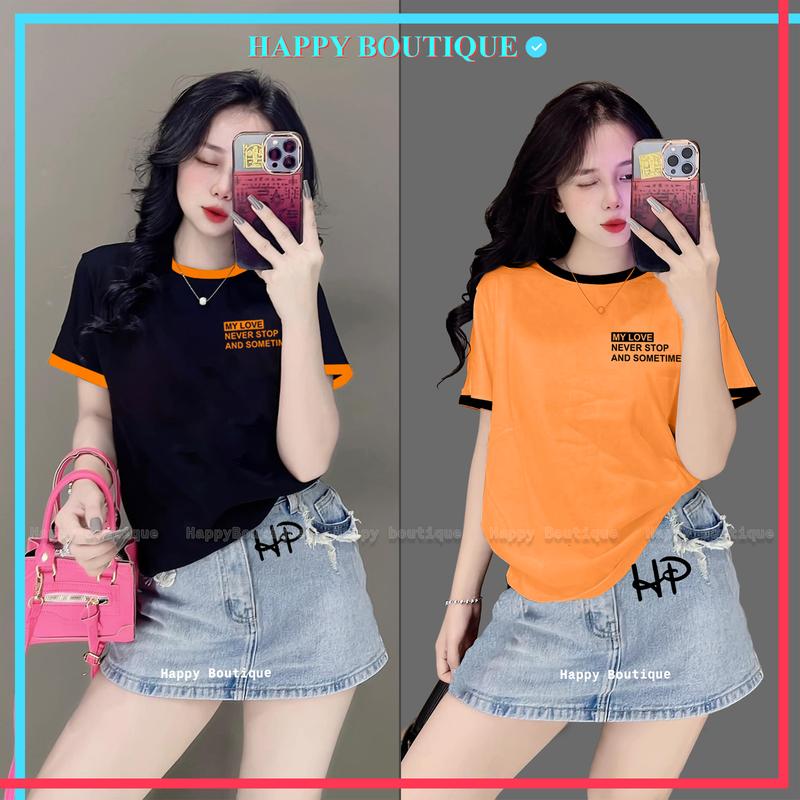   40~70kg  Áo Thun Thái Nữ 2 Form Tay Ngắn  Mã A09  Phối Viền Cotton Mềm Mịn Mát  MYLOVE  Top cổ tròn Women Màu Đen Màu Trắng áonuxinh 
