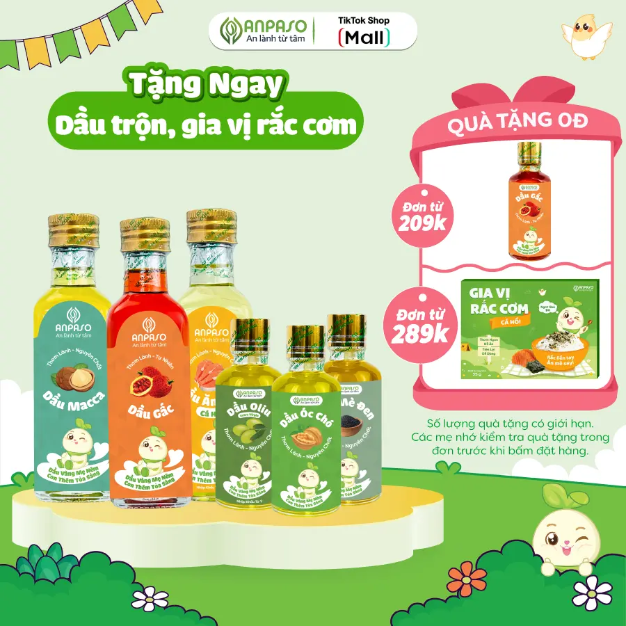Dầu Ăn Dặm Cho Bé Anpaso - Dầu Chiên Xào - Ép ở nhiệt độ thấp giúp bé hấp thu tốt hơn các vitamin tan trong dầu A, D, E, K, chai 50ml-100ml
