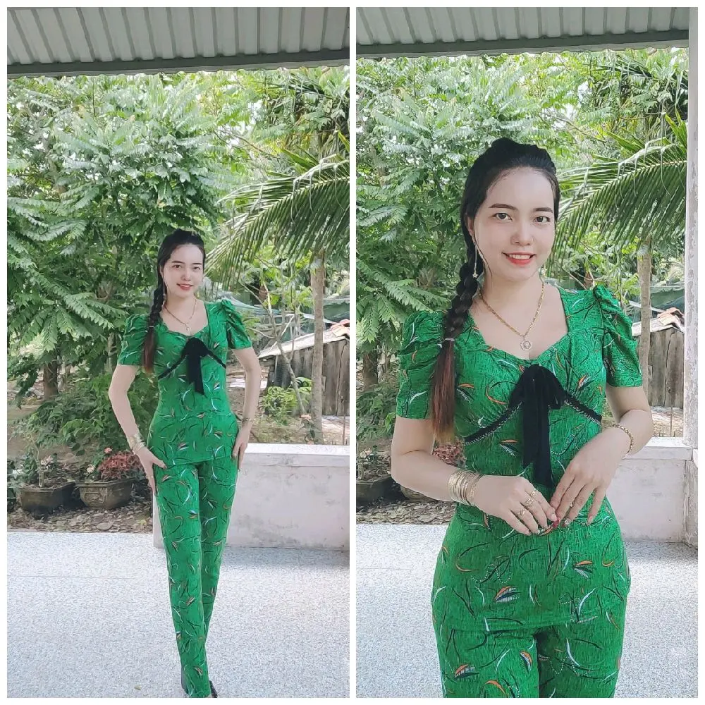 bộ tay phồng cổ vuông tim phối ren đen quần dài ống nhỏ size 12345 từ 40-78kg Nữ Áo