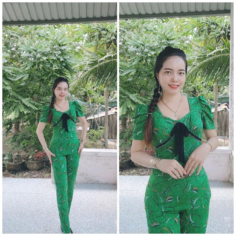  bộ tay phồng cổ vuông tim phối ren đen quần dài ống nhỏ size 12345 từ 40-78kg Nữ Áo 