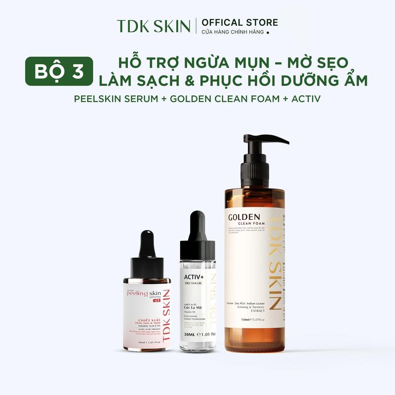  Combo bộ chăm sóc da Sữa rửa mặt GOLDEN CLEAN FOAM + Serum Peeling Skin Ginseng  X3 + Serum phục hồi Activ-Pro Serum  tẩy da chết cải thiện sẹo rỗ mụn - TDK SKIN 