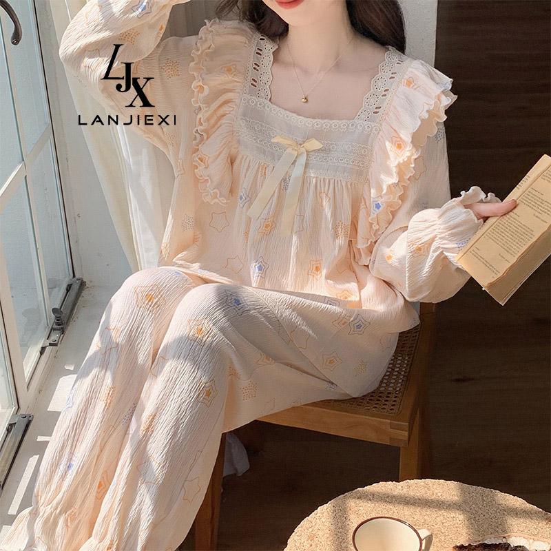 Bộ Đồ Ngủ nữ mùa đông Dài Tay Pijama Dễ Thương Phối Ren Dáng Rộng Phong Cách Công Chúa