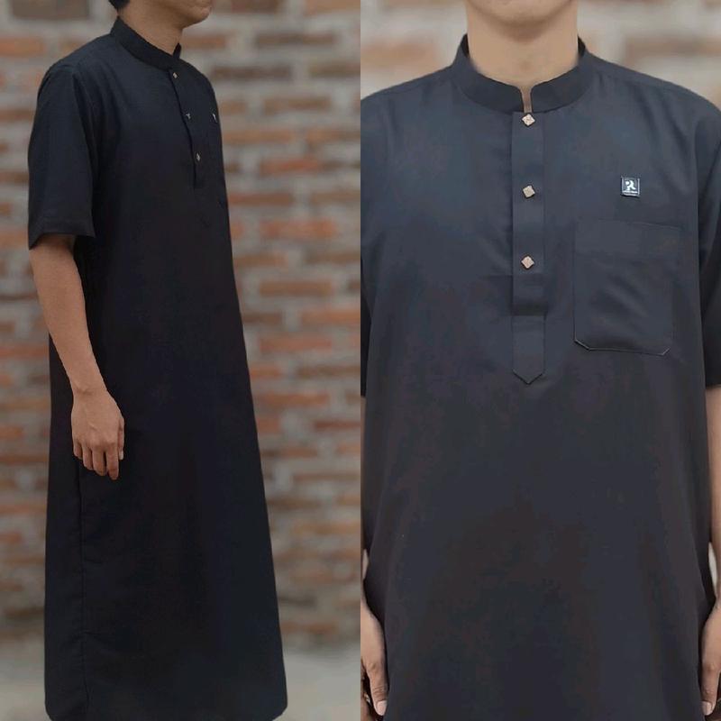 Jubah Afsheen Kancing Lengan Pendek  Muslim Dewasa Pria Hitam Abu 1