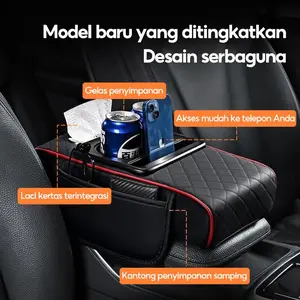 Gwein Bantalan Sandaran Tangan Mobil Multifungsi dengan Kotak Tisu dan Tempat Gelas Material Faux Leather Premium Anti Gores dan Tahan Lama untuk Armrest Tengah Mobil - Car Kendaraan
