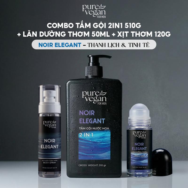 Combo Pure Vegan For Men Tắm Gội Nước Hoa 2in1 510gr & Lăn Dưỡng Thơm 50ml & Xịt Thơm Toàn Thân 120gr
