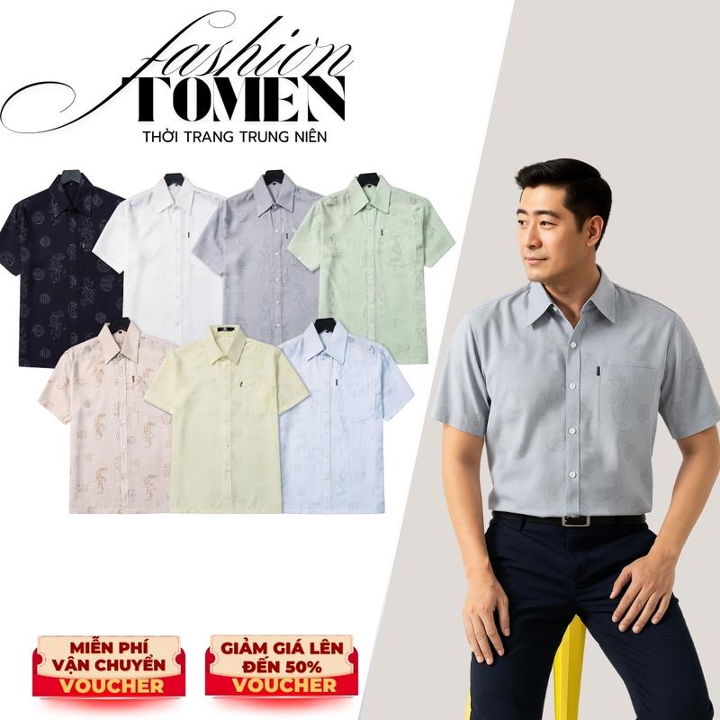 Áo Sơ Mi nam trung niên Ngắn tay vải đũi có túi họa tiết DẤU ẤN mát, không nhăn, thanh lịch, trẻ trung