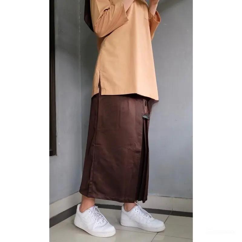 Rok Sekolah SMP/SMA/SMK Panjang Pramuka Span Coklat Wanita - Bahan Drill Mengkilap, Resleting Bagus Licin Kain Karet Hitam Kerja Formal Kantor Semi Basic 3