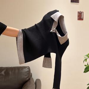 Áo Len Dệt Kim Hai Mảnh Thiết Kế Colorblock Mới Cho Nữ, Bộ Sưu Tập Mùa Xuân, Cổ Polo Lớp Bên Trong, Tay Áo Loe, Áo Thường Ngày Phong Cách 8714 #