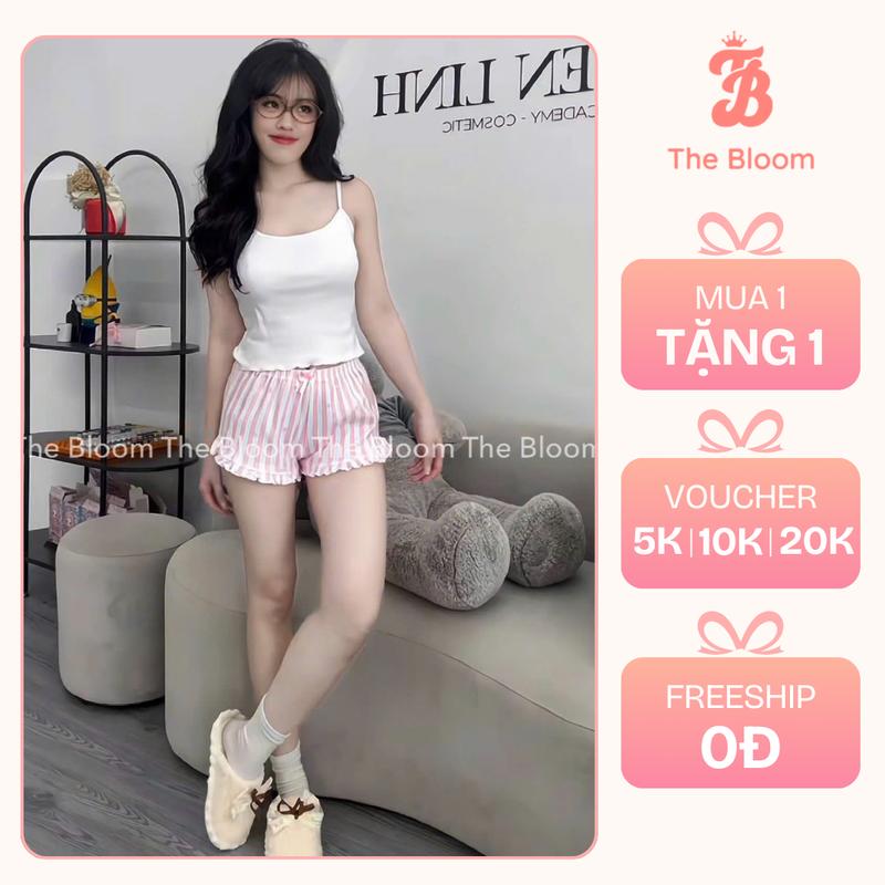 THE BLOOM Set bộ đồ ngủ áo 2 dây trắng phối viền kèm quần short đính nơ viền bèo sọc trắng hồng set ngủ tiểu thư Loungewear - SE017 Nữ Women Cotton Top Ống Loe Kem bộ ngủ thun 2 dây
