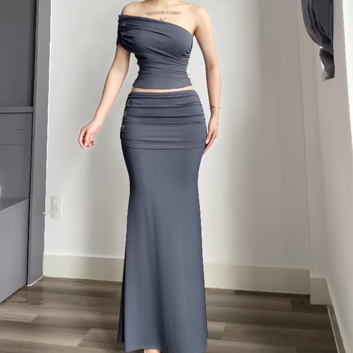 Set đầm body nữ dáng dài đuôi cá phối áo lệch vai thiết kế có khuyên sang chảnh Lolystore dress women HL85