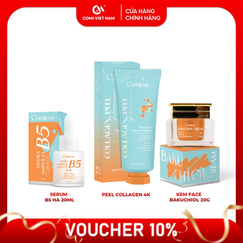 [MUA 1 ĐƯỢC 3 UP SIZE] Combo Dưỡng Da Mặt Peel Collagen 4K(75ml)+ Serum B5 HA(20ml)+Kem Face Huyết Yến(20g). Hỗ trợ mờ thâm, sạm, nám. Peel Da Skincare