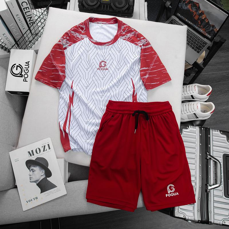 Bộ quần áo thể thao nam chất coton mè thun co giãn có lỗ thoáng khí, hoạ tiết tia sét mạnh mẽ, khoẻ khoắn trẻ trung TS68