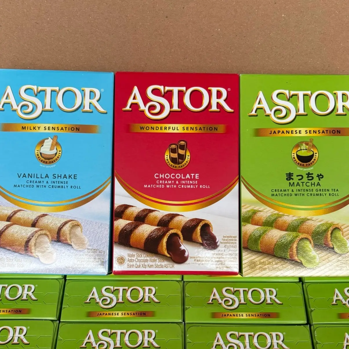 Agen distributor makanan ringan cemilan ultah anak snack biskuit wafer astor kecil pendek 40g matcha vanila cokelat pack murah