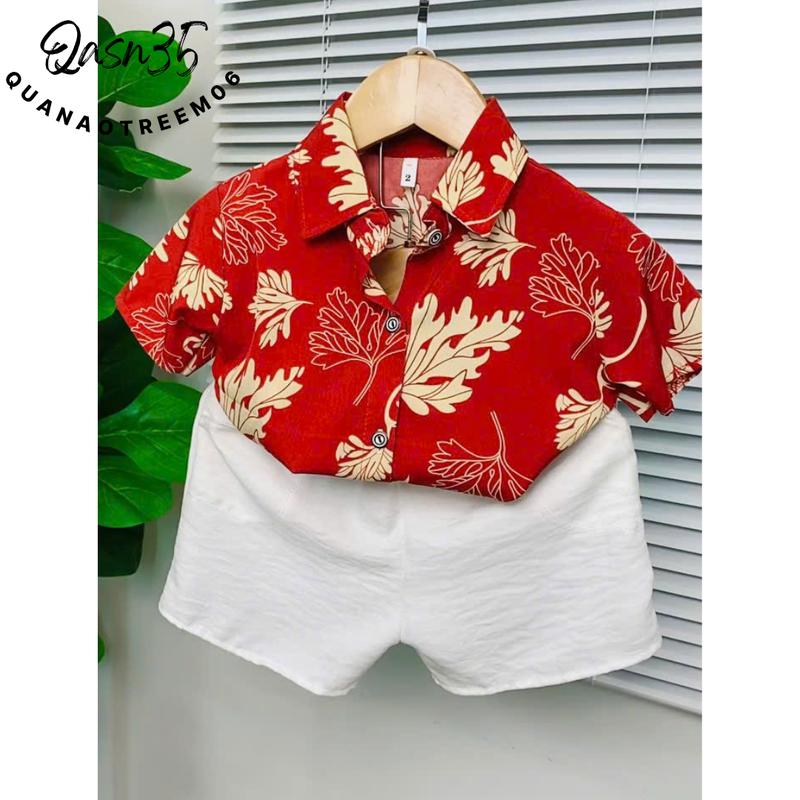 (SOMI-ĐỎ LÁ) bộ quần áo sơ mi vải lụa họa tiết tươi sáng cho bé chơi tết, size 6kg-30kg